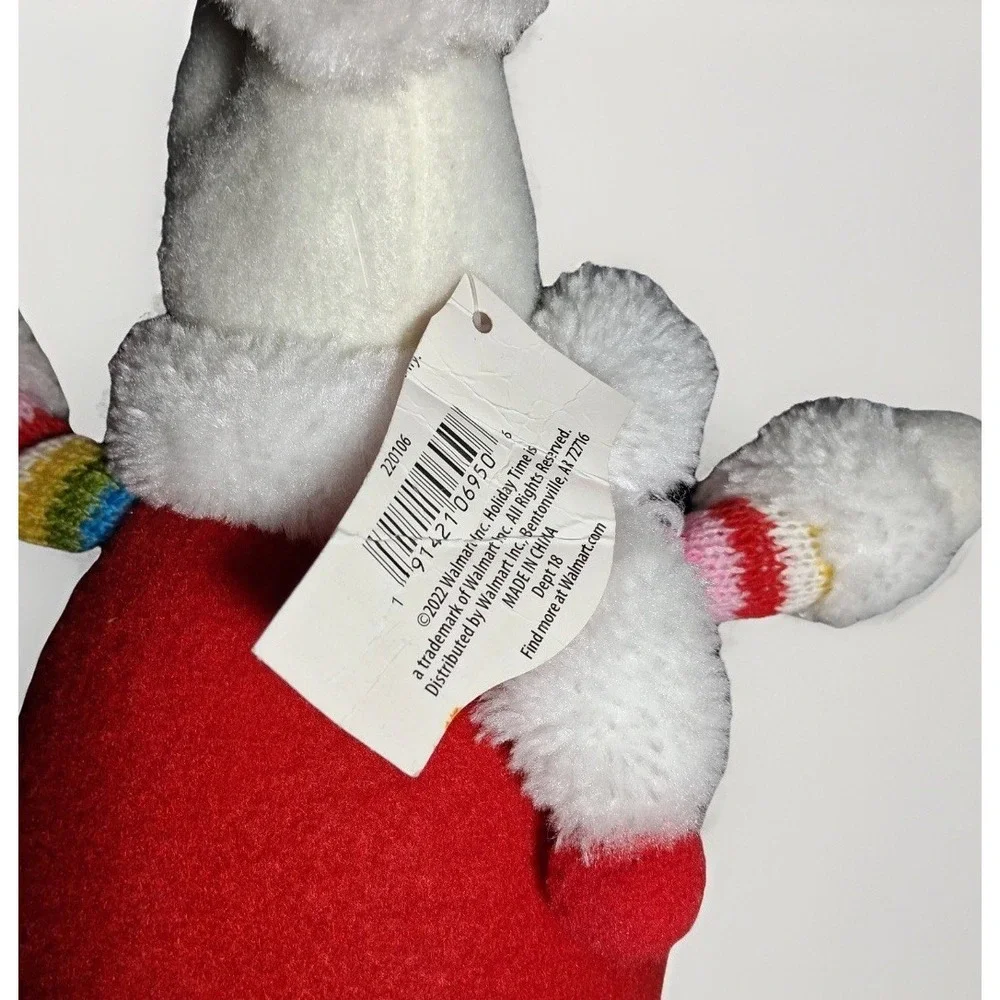 Holiday Time Rainbow Sweater Reindeer Plush Christmas Decor Set of 2 White Red